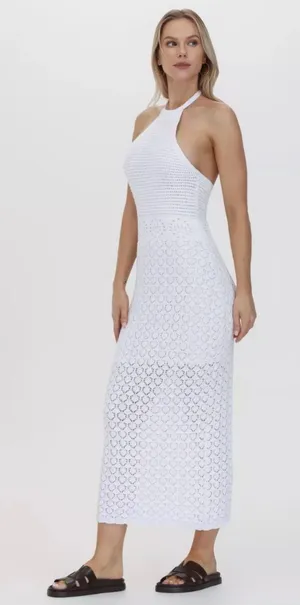 Frye Textured Knit Bright White Crochet Halter Midi Dress Sweater Dress M NWT thumbnail 1