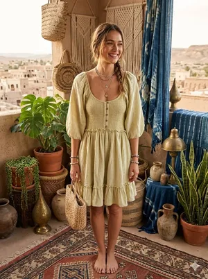 Free People Summer Picnic Mini Dress Smocked Babydoll Puff Sleeve Cottagecore XS thumbnail 10