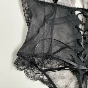 Victorias Secret Body Suit Nighty Thong Lace Plunge Neck Corset Lace Up Black thumbnail 9
