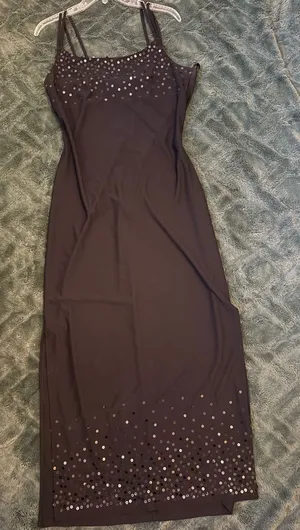 Vintage black maxi dress with silver sequins and a slit on the side thumbnail 1