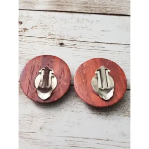 Vintage Clip On Earrings - Wood Domed Circle Earrings Large - 1.25" thumbnail 5