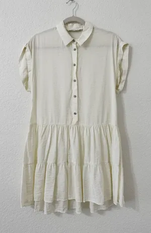 Zara Cream Tiered Mini Shirt Dress Ruffle Hem Short Sleeve XS thumbnail 1