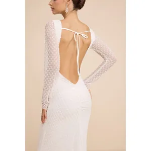 Lulus Mariani White Sequin Beaded Backless Long Sleeve Maxi Dress Medium NWT thumbnail 3