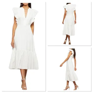 BCBGMAXAZRIA Women's Ruffle Short Sleeve Maxi Dress V Neck‎ White Large Cotton thumbnail 2