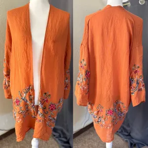 Boho Embroidered Kimono Cardigan Duster Rust Floral Open Front Festival One Size thumbnail 8