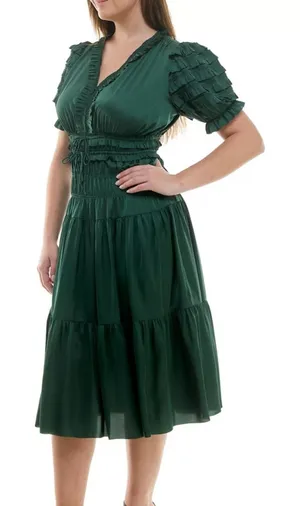 Nanette Lepore Size 8 Hunter Green Smocked V Neck Midi Dress thumbnail 1