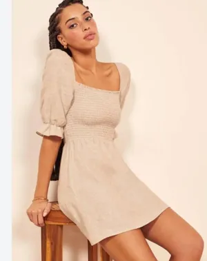 Reformation cerise dress in beige linen thumbnail 3