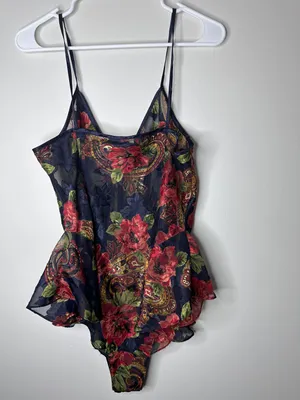 Victoria’s Secret Gold Label Navy Blue Red Floral Paisley Print Babydoll thumbnail 3