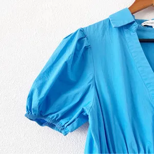 English Factory Ocean Blue Button Down Puff Sleeve Tiered Midi Dress thumbnail 5