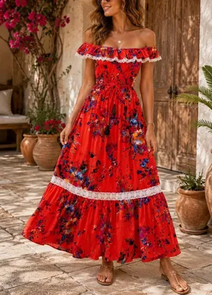Floral Off Shoulder Maxi Dress Coral Orange Boho Resort Lace Trim Medium Umgee thumbnail 1