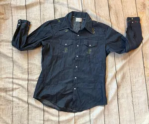 Vintage Triple LLL Brand Denim Western Embroidered Pearl Snap Long Sleeve Sz XL thumbnail 1