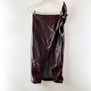 Enza Costa Vegan Leather High Waisted Wrap Midi Skirt Chocolate Brown 0 thumbnail 5