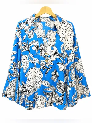 ZARA Blue White Floral Linen Blend Blouse Top NWT XL Oversized Kimono Sleeve thumbnail 1