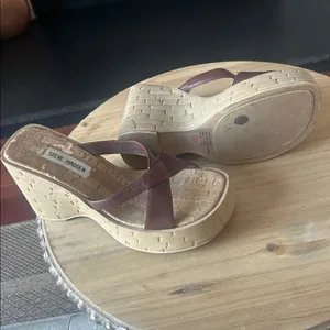 Steve Madden Colins Brown Leather Wooden Platform Wedge Sandals Size 7.5 thumbnail 6