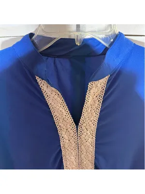 Vintage 70s kaftan dress royal blue hippie boho white cotton lace embroidery M thumbnail 4