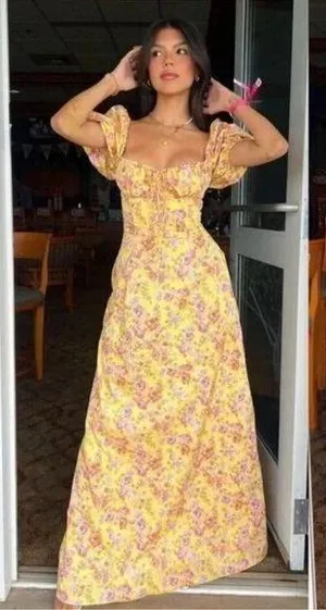 HOUSE OF CB Felizia Puff Sleeve Sundress in Butter Print Size X-Small thumbnail 1