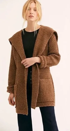 Free People Taffy Brown Waffle Knit Belted Cardigan Sweater Wool Alpaca Medium thumbnail 1