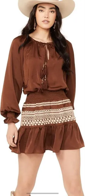 Shyanne Brown Western Embroidered Smocked Mini Dress Long Sleeve Tassels Size M thumbnail 1