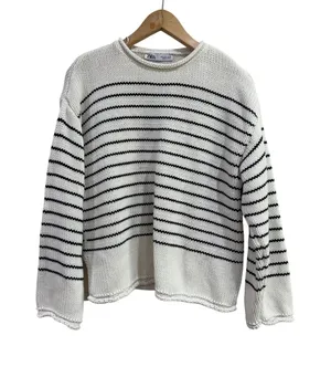 Zara Womens Striped Cotton Knit Sweater Ivory Navy Blue Size S Small Relaxed Fit thumbnail 1