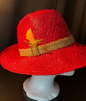 Vintage Red Woven Straw Fedora Hat with Yellow Feather and‎ Buckle Detail thumbnail 1