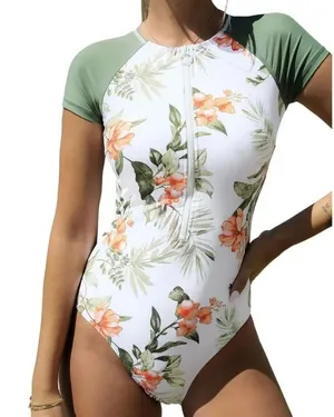 CUPSHE One Piece Tropical Floral Front Zipper Swimsuit Mock Neck Zipper Short Sl thumbnail 1