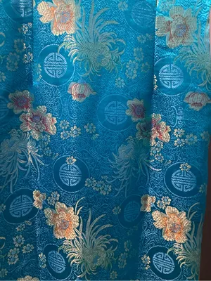 Yuexuan Qipao Dress Shanghai Style Blue Gold Floral Satin Mandarin Collar Y2K thumbnail 9