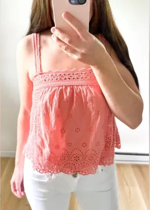 Pink Eyelet Embroidered Cropped Cami Top sz Small thumbnail 4