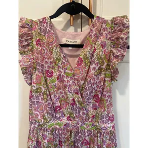 Taylor Pink Green Floral Paisley Ruffle Sleeve Cotton Dress cottagecore Medium thumbnail 2