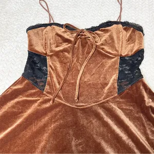 Urban Outfitters Women's Brown Velvet Black Lace‎ Faith slip Dress Size Large thumbnail 2