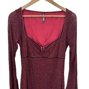 Motel Size XL Burgundy Velvet Mini‎ Dress Sweetheart Neckline Bell Sleeve thumbnail 3