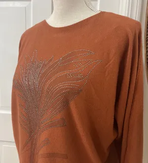 Sioni Embellished Rust Sweater XL Orange Studded Leaf Boho Autumn Western Boxy thumbnail 1