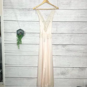 Vintage Sheer Cream Lace & Pink Satin V-Neck Lingerie Dressing Gown Size Medium thumbnail 8