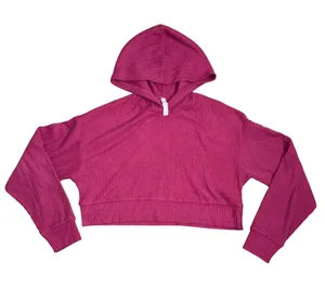 Alo Yoga Muse Ribbed Cropped Hoodie Women S Pink Magenta Excellent Ribbed Knit thumbnail 1