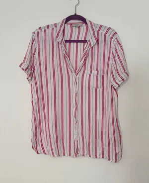 Women's LOFT Sleep White Pink Striped Pajama Shirt L rayon thumbnail 1