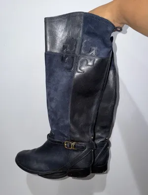 Tory Burch Lizzie Women's 7.5 Leather Knee High Riding Boot Zip Buckle Blue READ thumbnail 1