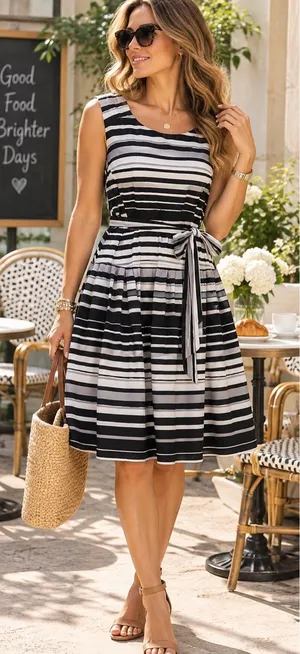 Robbie Bee Striped Belted Fit & Flare Dress Size 12 thumbnail 1