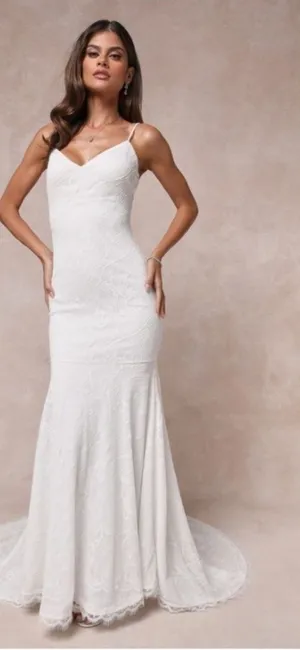 LULU's Bridal Wedding Floral Lace Chic Mermaid Trumpet Gown with Train NWOT thumbnail 1