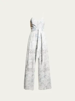 Alice + Olivia Shanti Blue & White Floral Toile Eyelet Wide Leg Jumpsuit XS 0/2 thumbnail 9