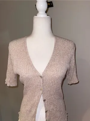 Ribbed Short-Sleeve V-Neck Sweater Cardigan - Cream thumbnail 2