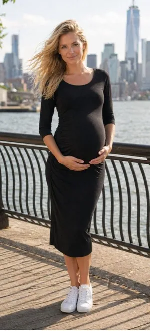 Isabel Maternity Black Ruched Bodycon Midi Dress Parisian Quiet Luxury Boho Chic thumbnail 1