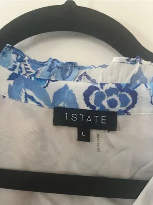 1.State Blue White Floral Puff Sleeve Mini Dress Large Cottagecore Prairie thumbnail 2
