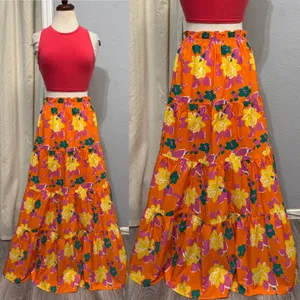 Lulus 100% Cotton‎ Maxi Skirt M Orange Floral Tiered High Waist Boho Summer thumbnail 3
