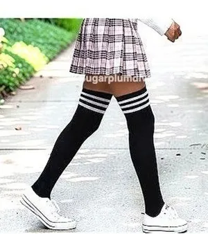 Black with 3 White Stripes Over the Knee Tall Socks ONE SIZE School Girl NEW thumbnail 1