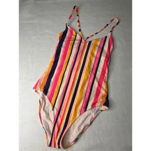 Aerie‎ Women Striped One Piece Swimsuit Multi Color V-Neck Strappy Back Medium thumbnail 3
