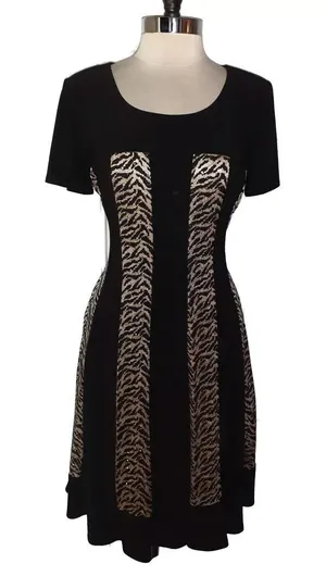R&M‎ RICHARDS Midi Dress Black Gold Metallic Shimmery Stretch Jersey Event 18W thumbnail 1
