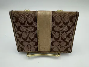 Coach Signature Monogram Bifold Wallet Brown Canvas Metallic Gold Leather Trim thumbnail 1