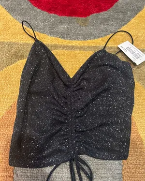 NWT Black Glitter Sparkly Two Piece Matching Set Crop Top Ruched Mini Skirt S thumbnail 2