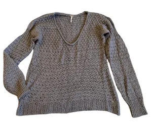 Free People Chunky Pullover V-Neck Sweater Neutral Brown Wool Stretch Size Large thumbnail 1