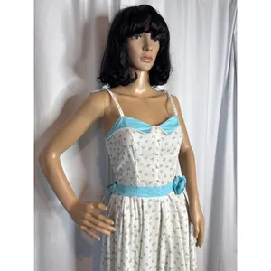 Vintage 1960s White Blue Floral Prairie Maxi Dress XS/S Talon Zip Circular thumbnail 12