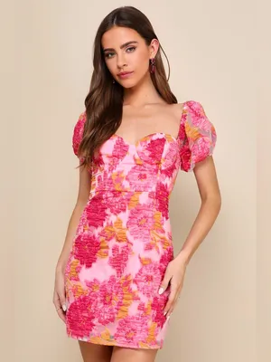 Lulus Luxe Direction Pink Floral Jacquard Puff Sleeve Mini Dress Size XXS flirty thumbnail 2